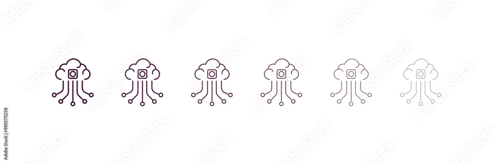 cloud intelligence outline icon. Linear vector from ai and tech concept. 6 different line style cloud intelligence icon included thin, light, regular, medium, bold, black cloud intelligence outline icon. Linear vector from ai and tech concept. 6 different line style cloud intelligence icon included thin, light, regular, medium, bold, black