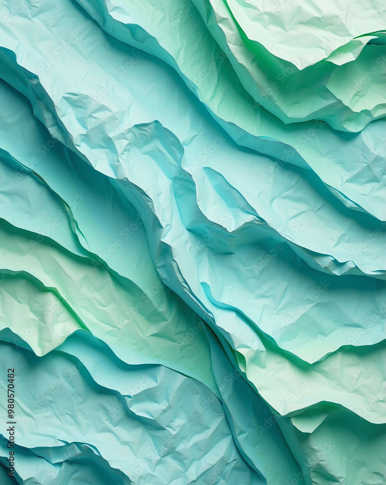 Fototapeta premium Crinkled paper texture with pale blue to mint green gradient