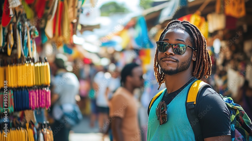 A young man with dreadlocks and sunglasses stands in a vibrant market. A young man with dreadlocks and sunglasses stands in a vibrant market.