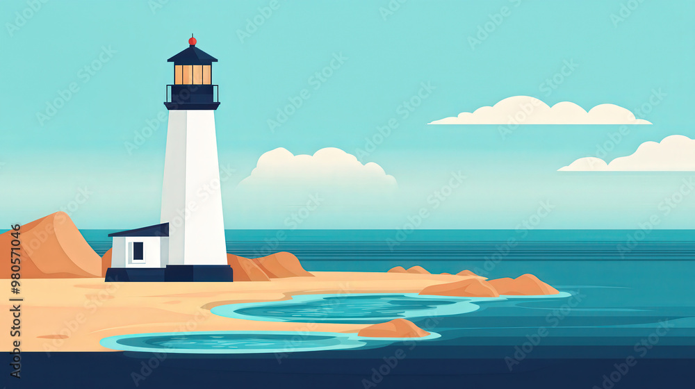 Coastal Haven, a vibrant flat design illustration showcasing a lighthouse overlooking tidal pools, inviting marine exploration with colorful sea life and rocky textures. Coastal Haven, a vibrant flat design illustration showcasing a lighthouse overlooking tidal pools, inviting marine exploration with colorful sea life and rocky textures.