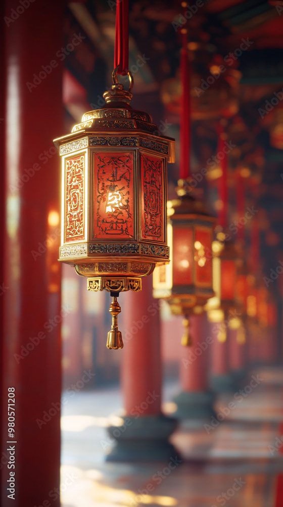 golden chinese lanterns hanging in a temple, red and gold, closeup, illuminated, decoration, asia, culture, festive, new year golden chinese lanterns hanging in a temple, red and gold, closeup, illuminated, decoration, asia, culture, festive, new year