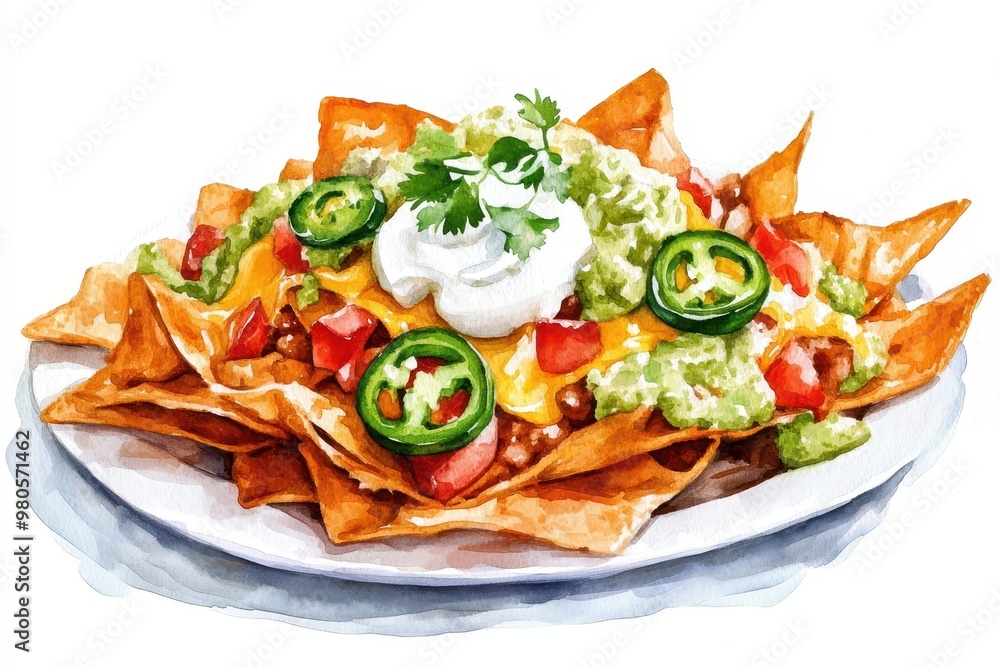 A colorful plate of nachos topped with guacamole, cheese, jalape?os, and sour cream. A colorful plate of nachos topped with guacamole, cheese, jalape?os, and sour cream.