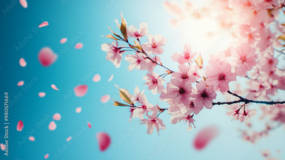 Fototapeta premium pink cherry blossoms blooming in spring with falling petals against a blue sky.