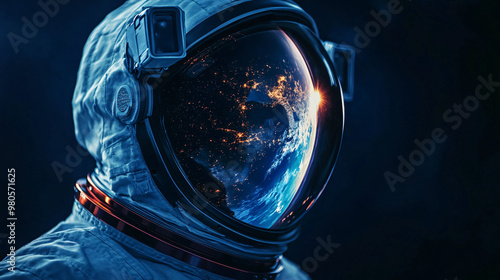 astronaut looking at earth in space suit - blue, dark, dramatic, futuristic, science fiction, space exploration, cosmonaut, helmet, exploration, technology, universe