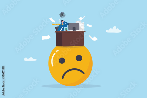 Unhappy employee, dissatisfied work, busy overworked or worried with anxiety depressed, miserable or disappointed career, anxious or burnout concept, unhappy office businessman working on upset face.