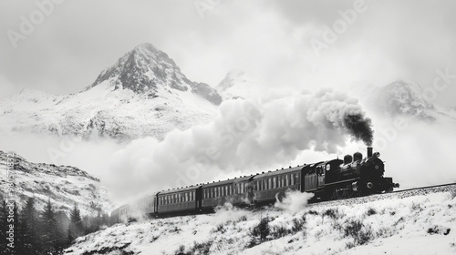 black and white steam train through snowy mountains landscape photo