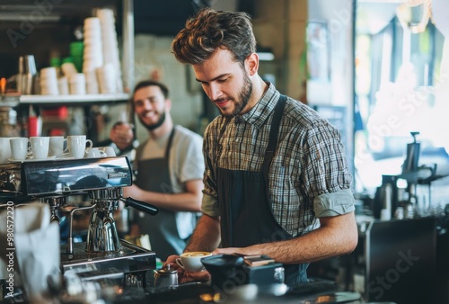 Barista preparing coffee in a rustic café with an espresso machine