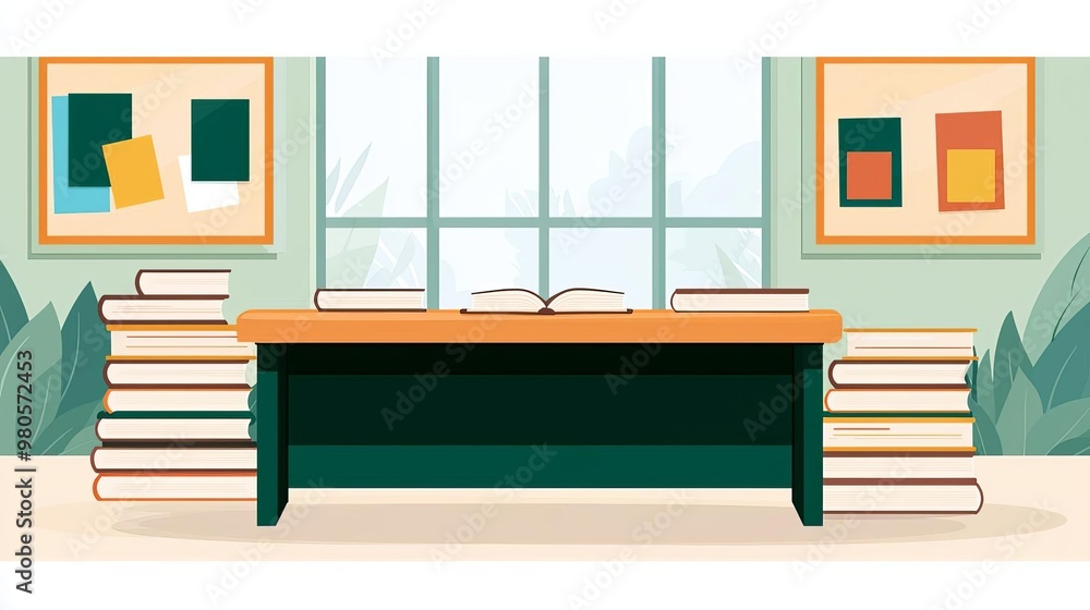Fototapeta premium Teacher s Desk in a quiet classroom setting