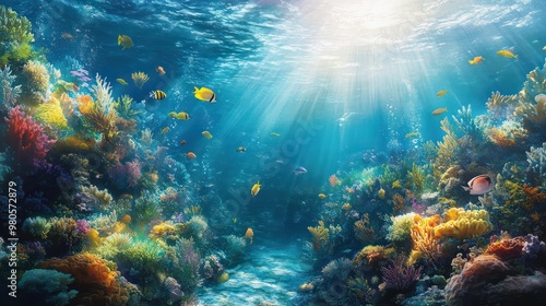 An underwater sea illustration, filled with colorful fish, coral reefs, and sunlight filtering through the water surface.