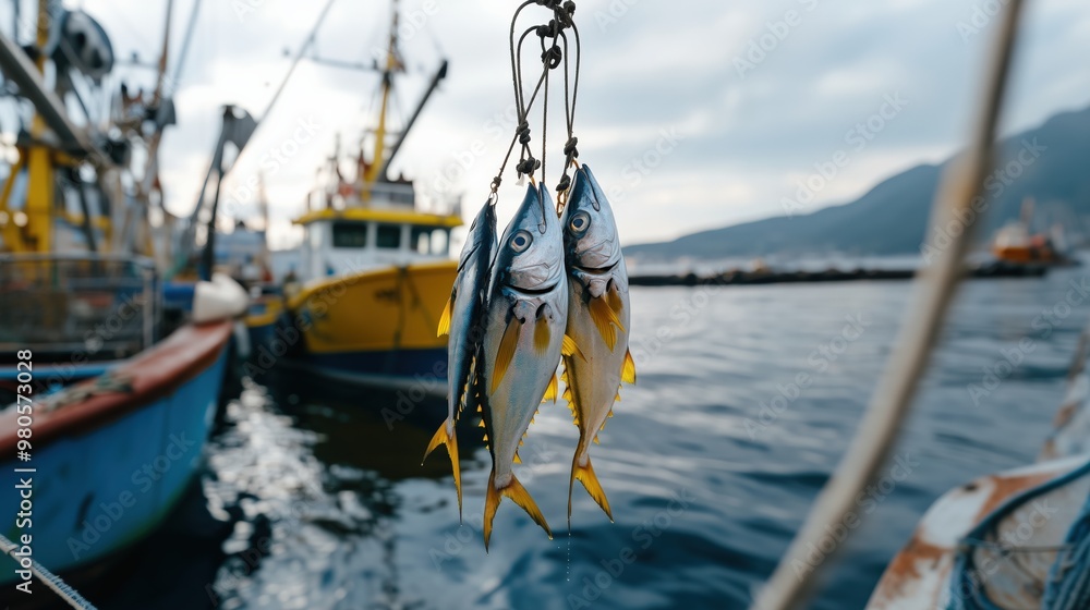 Ocean harvest: three tuna fish hanging on hooks amidst fishing boats for seafood market display Ocean harvest: three tuna fish hanging on hooks amidst fishing boats for seafood market display