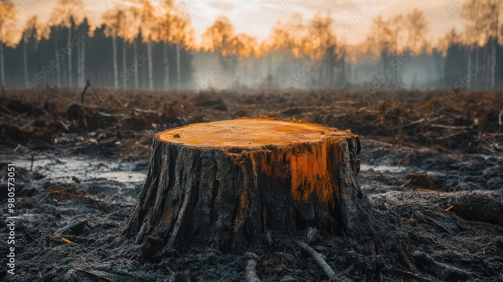 Tree stump in the middle of a deforested area, symbolizing the loss of nature and the impact of human activity Tree stump in the middle of a deforested area, symbolizing the loss of nature and the impact of human activity