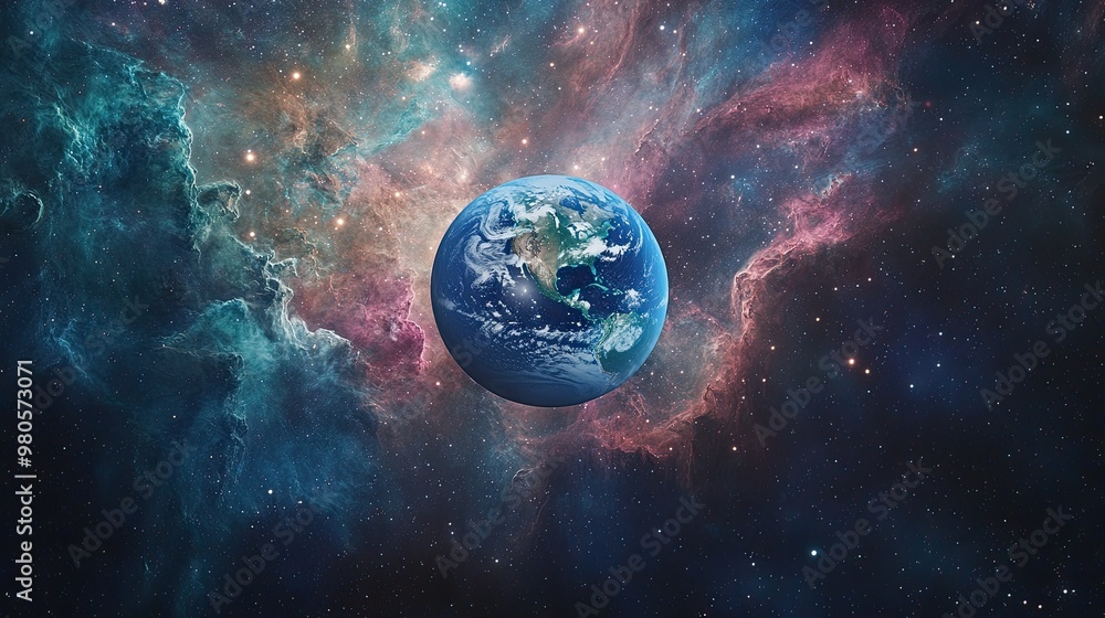Fototapeta premium Earth Surrounded by Vibrant Cosmic Nebula