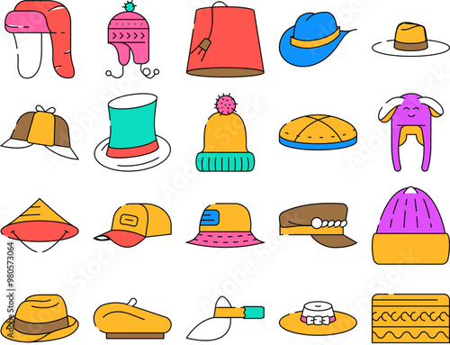 Headgear Stylish Head Clothes Icons Set Vector. Children Winter Warm Hat And Panama Summer Seasonal Clothing, Baseball Cap And French Beret, Cylinder And Dawley Limao Headgear Color Illustrations photo