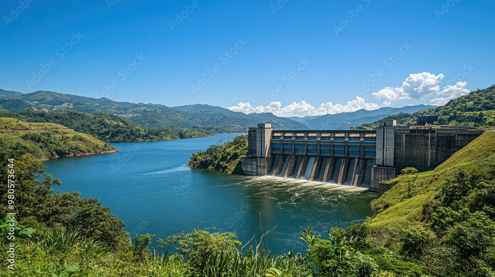 Stunning View of a Large Dam with Water Flowing Over the Spillway Surrounded by Lush Greenery Stunning View of a Large Dam with Water Flowing Over the Spillway Surrounded by Lush Greenery