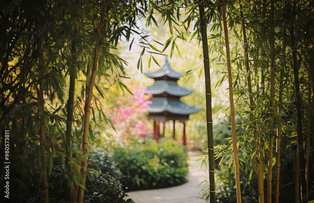 A serene Chinese garden setting with bamboo trees, a pagoda in the background, and subtle floral arrangements A serene Chinese garden setting with bamboo trees, a pagoda in the background, and subtle floral arrangements