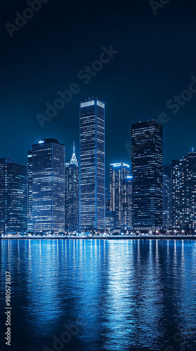blue city skyline reflection at night