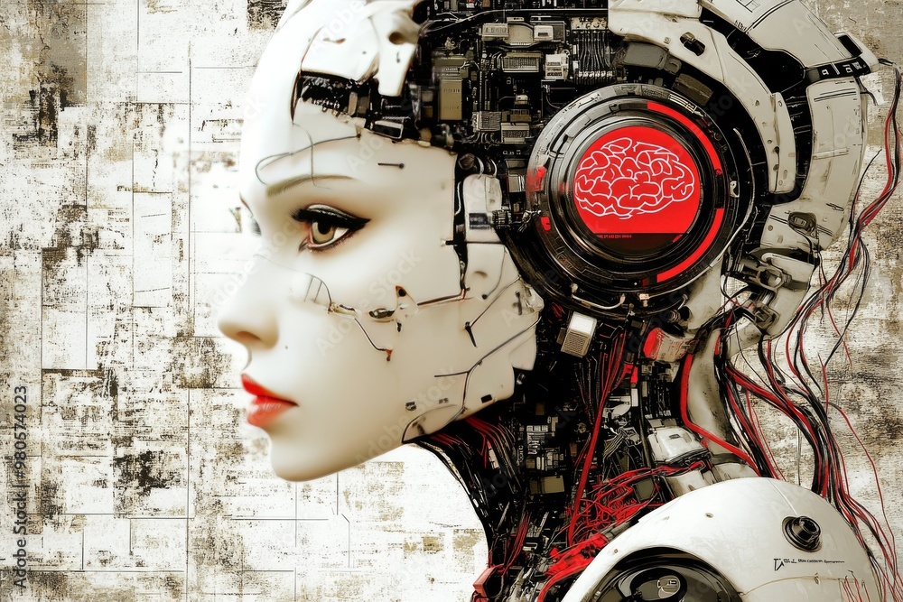 Fototapeta premium White robotic woman with exposed circuitry in her skull symbolizing the fusion of human biology and advanced robotics in the era of artificial intelligence