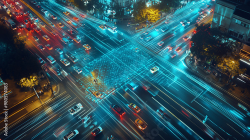 AI-powered smart city traffic system optimizing vehicle flow, featuring real-time data analysis and automated control. The advanced technology enhances urban mobility, reducing congestion and improvin