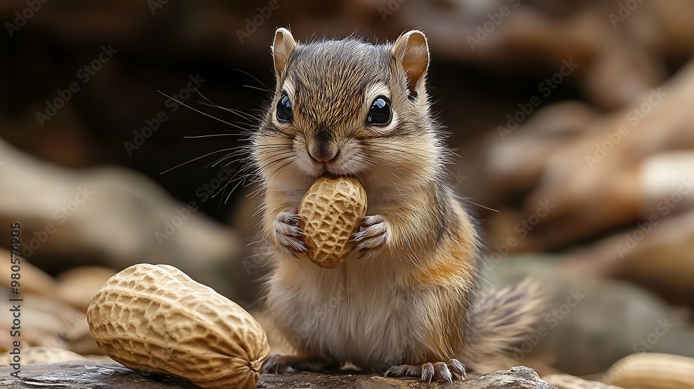 A cute chipmunk sits on a rock and eats a peanut. A cute chipmunk sits on a rock and eats a peanut.