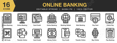 Online Banking icon set. Editable Stroke Icon Collection. Includes payment, card, qr code, transfer, web banking,, and More. Outline icons vector collection.