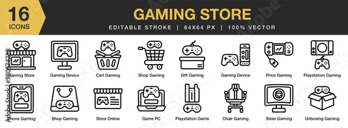 Gaming Store icon set. Editable Stroke Icon Collection. Includes phone gaming, playstation, shop gaming, steer, store, and More. Outline icons vector collection.