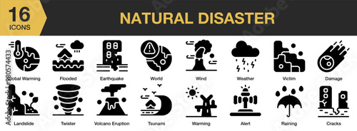 Natural Disaster solid icon set. Includes raining, tsunami, twister, victim, volcano eruption, and More. Solid icons vector collection.