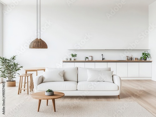 Cozy minimalist living room with a white sofa, open layout, and a view of the kitchen in the background, open-concept living, minimalist design photo