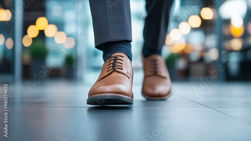 A man dressed in brown suit walks confidently, showcasing his stylish brown dress shoes. modern setting enhances professional vibe, creating an atmosphere of sophistication and elegance