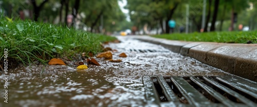 Rainwater flow into modern street drainage system for urban infrastructure and environmental management