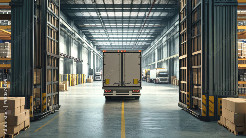 A truck with open doors awaits unloading in a vast warehouse, surrounded by boxes and other trucks navigating the bustling space A truck with open doors awaits unloading in a vast warehouse, surrounded by boxes and other trucks navigating the bustling space