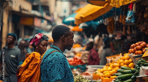 A bustling market scene with people shopping for fresh produce and vibrant colors. photo