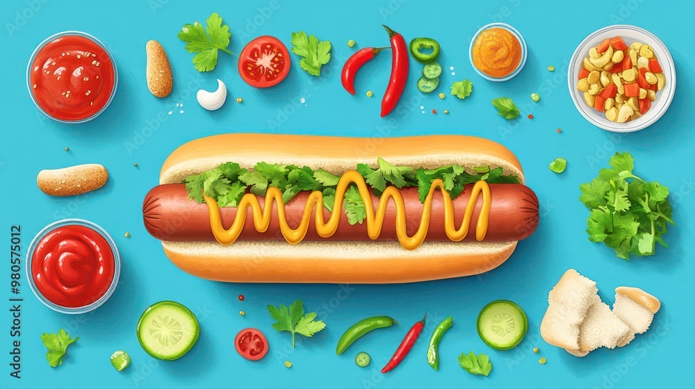 An interactive hot dog illustration for food apps, where users can build and visualize their perfect hot dog with a variety of ingredients. An interactive hot dog illustration for food apps, where users can build and visualize their perfect hot dog with a variety of ingredients.