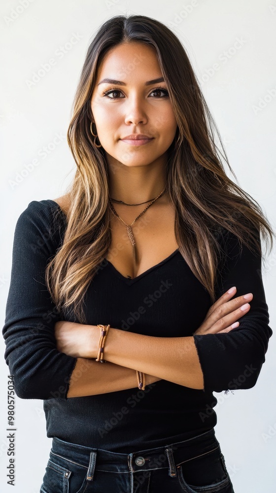 A radiant Indigenous woman with arms crossed confidently, exuding strength and self-assuredness on a solid white background A radiant Indigenous woman with arms crossed confidently, exuding strength and self-assuredness on a solid white background