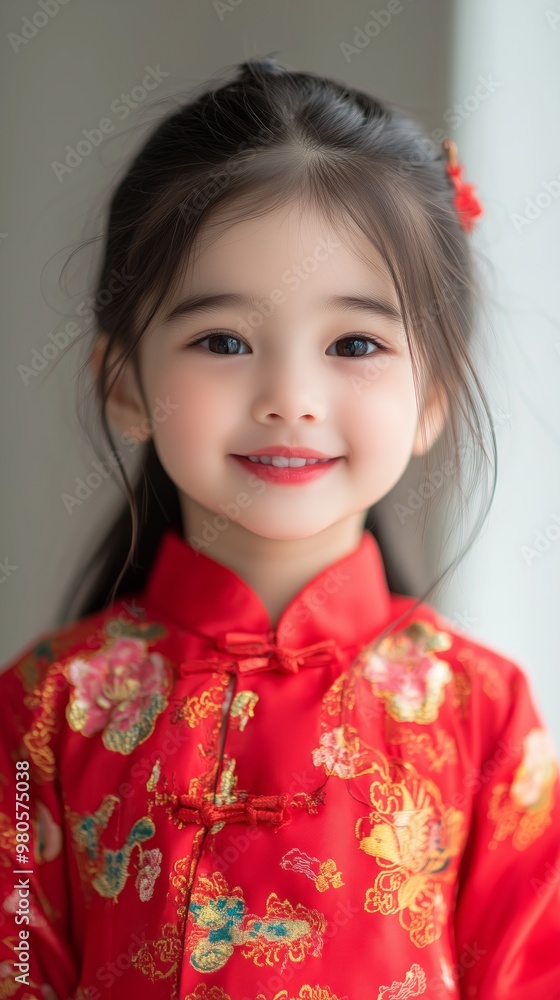 Cute little Asian girl on grey background. Chinese New Year celebration Cute little Asian girl on grey background. Chinese New Year celebration