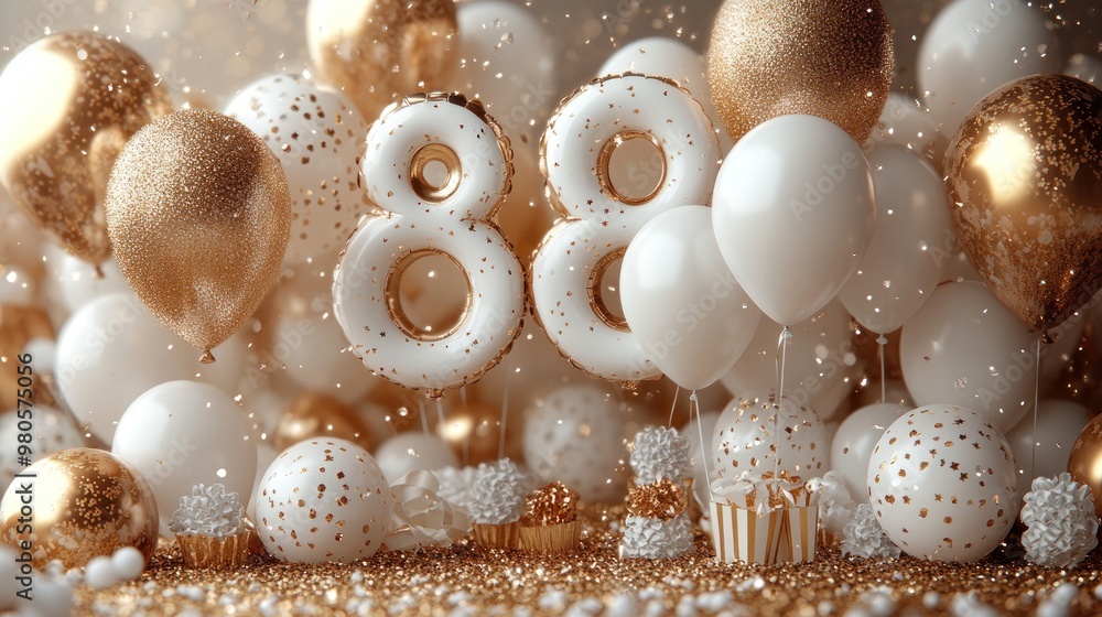 Festive scene with golden and white balloons celebrating an event. Festive scene with golden and white balloons celebrating an event.