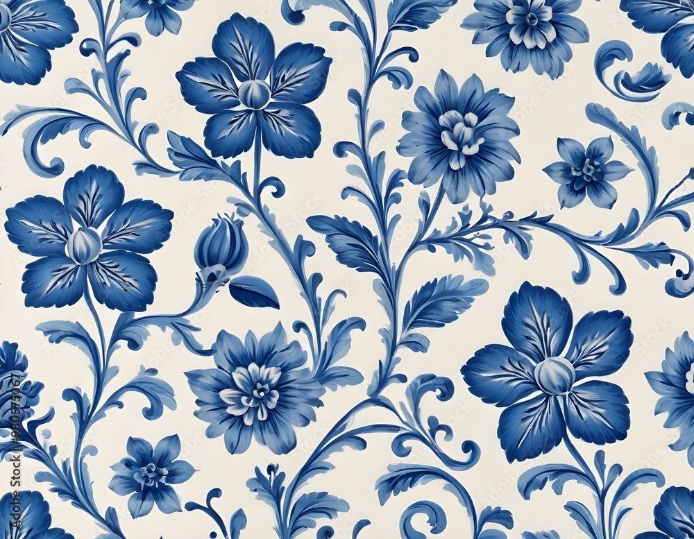 custom made wallpaper toronto digitalNorwegian Scandinavian rosemaling traditional handpainted folk art in bright blue floral patterns