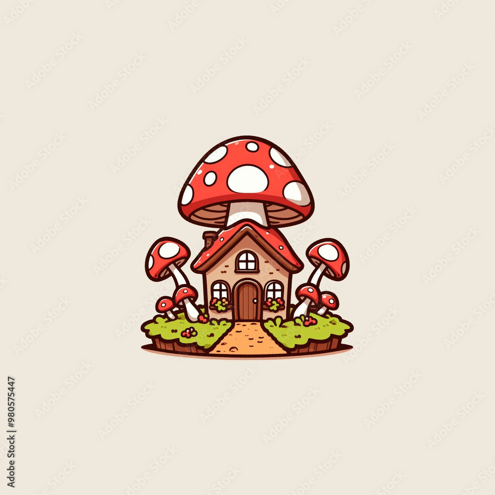 A small house surrounded by mushrooms, with a large mushroom in the background, in a cartoon style. A small house surrounded by mushrooms, with a large mushroom in the background, in a cartoon style.