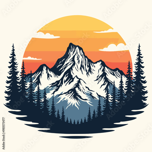 Vector illustration mountain landscape with pine trees and sun