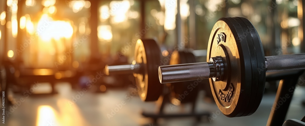Fototapeta premium Row of dumbbells in sunlit gym setting for fitness motivation posters and prints