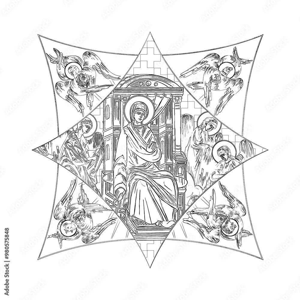 Obraz premium Annunciation to the Blessed Virgin Mary. Cross dome with 4 apostles, angels and seraphim. Coloring page in Byzantine style
