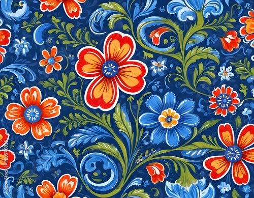 Norwegian Scandinavian rosemaling traditional handpainted folk art in bright blue floral patterns