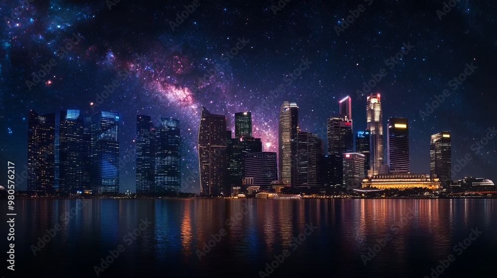 Obraz premium Starry night sky over the Singapore skyline, illuminating the city’s iconic buildings and waterfront