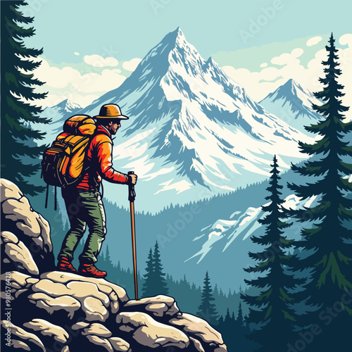 Vector illustration a man with a backpack and hiking poles stands on a mountain top