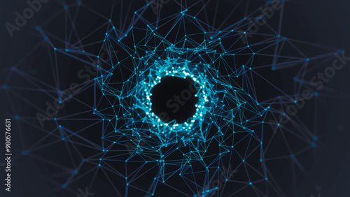 Fototapeta Naklejka Na Ścianę i Meble -  Abstract digital connection of moving dots and lines. Technological background. Digital tunnel. Network connection structure. Colored polygonal space. Weave effect. Vector illustration.