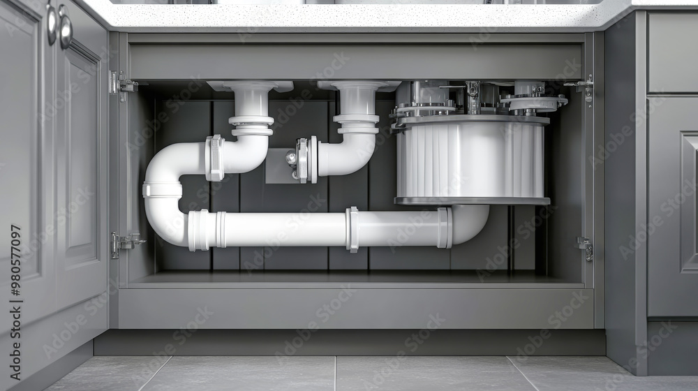 A close-up view captures the under sink cabinet with its sleek gray interior, showcasing white pipes and sophisticated filters designed for efficient kitchen use A close-up view captures the under sink cabinet with its sleek gray interior, showcasing white pipes and sophisticated filters designed for efficient kitchen use