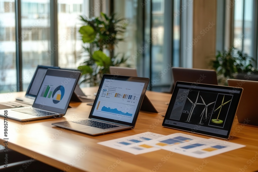 Fototapeta premium Team analyzing renewable energy proposals, laptops and printed charts on a sleek wooden conference table