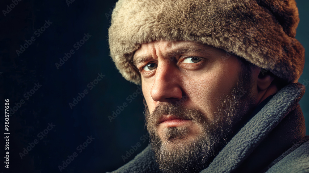 A solemn Soviet man, bearded and dressed in a winter hat, conveys a stark sense of resilience while surrounded by the atmosphere of a historical camp A solemn Soviet man, bearded and dressed in a winter hat, conveys a stark sense of resilience while surrounded by the atmosphere of a historical camp