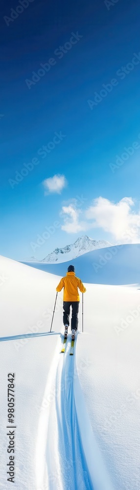 A person skiing through pristine snow under a clear blue sky, showcasing the beauty of winter sports and outdoor adventure. A person skiing through pristine snow under a clear blue sky, showcasing the beauty of winter sports and outdoor adventure.