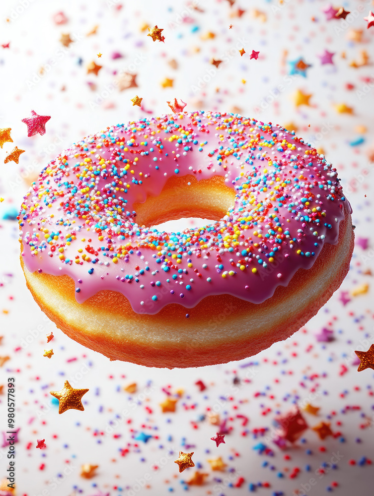 Colorful donut with pink icing and sprinkles, floating in a festive background of stars. Perfect for dessert themed projects. Colorful donut with pink icing and sprinkles, floating in a festive background of stars. Perfect for dessert themed projects.
