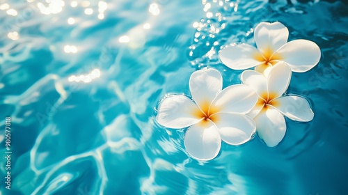 White tropical flowers floating on clear blue water with sunlight reflecting in a serene and tranquil setting